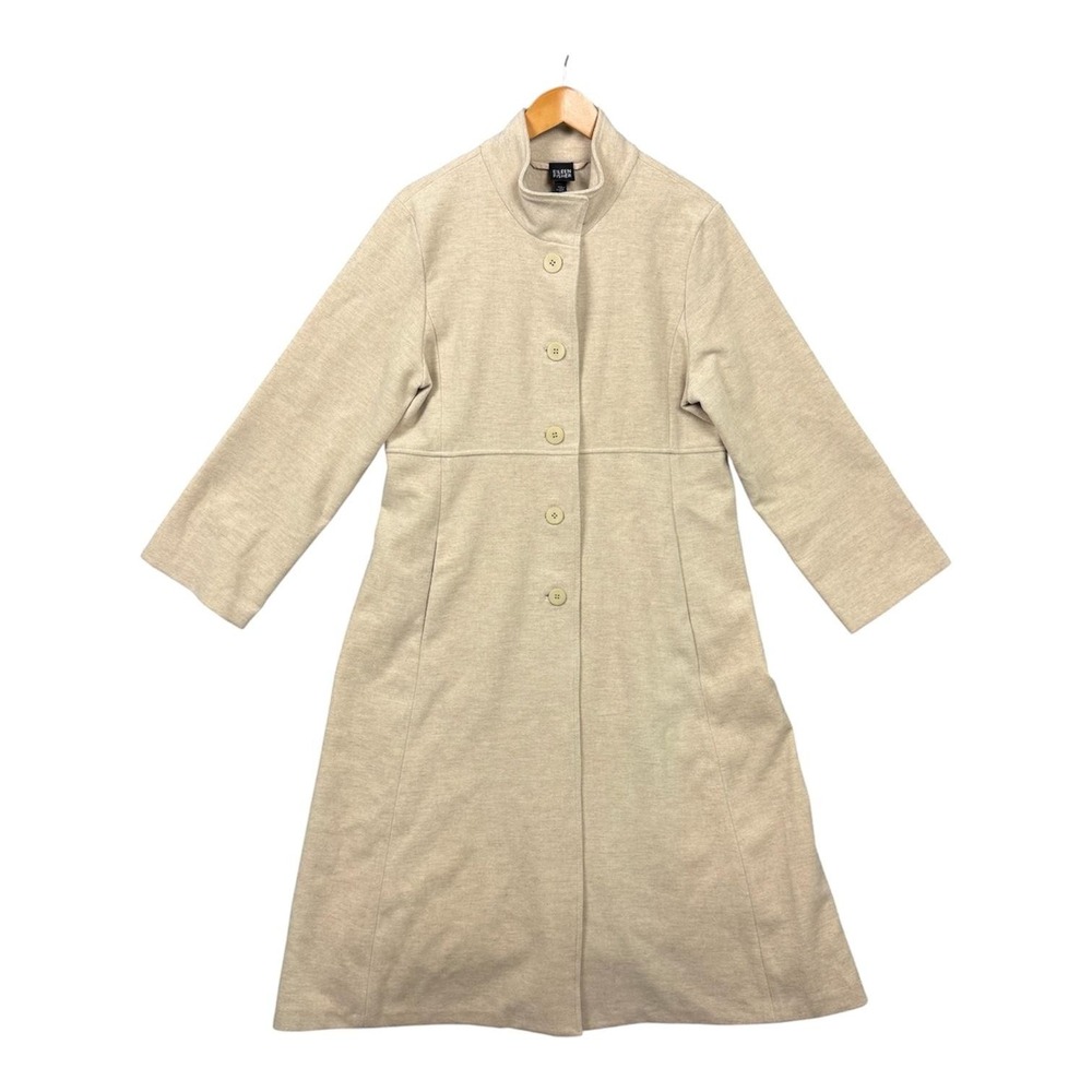 Eileen Fisher Coat Womens Large Cream Wool Button Front Long Overcoat Topcoat